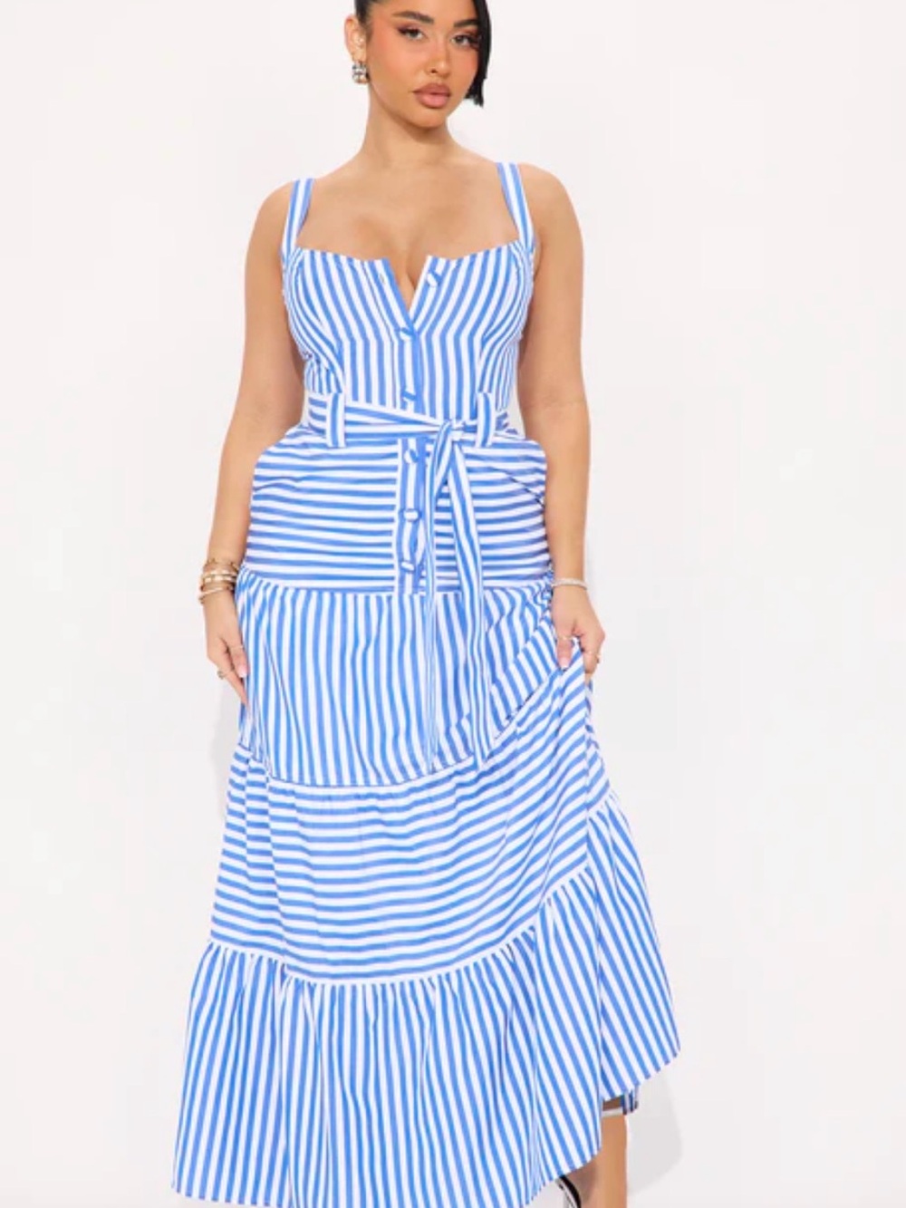 Fashion Nova Blue & White Striped Maxi Dress with Tie Waist